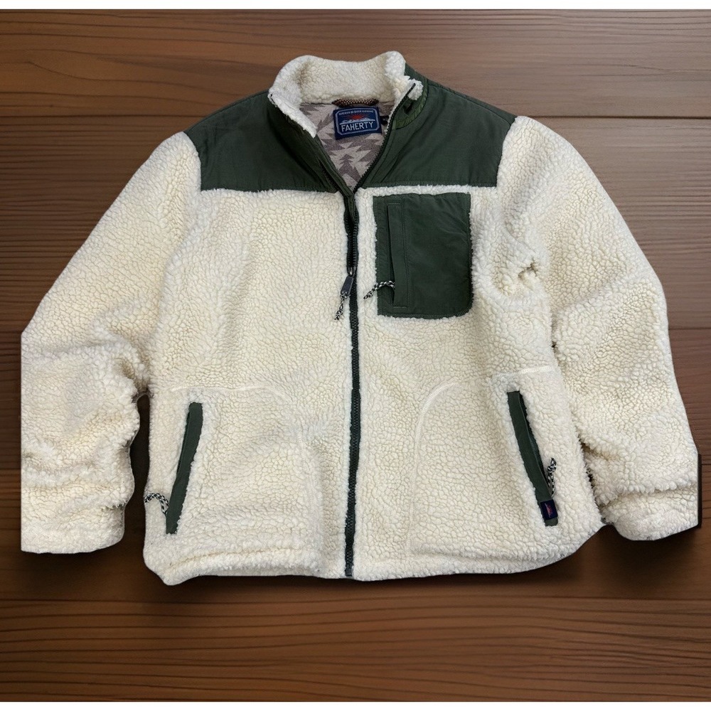 Faherty Renegade Sherpa Full Zip Jacket Mens M Green Cream MKB2010 $198‎